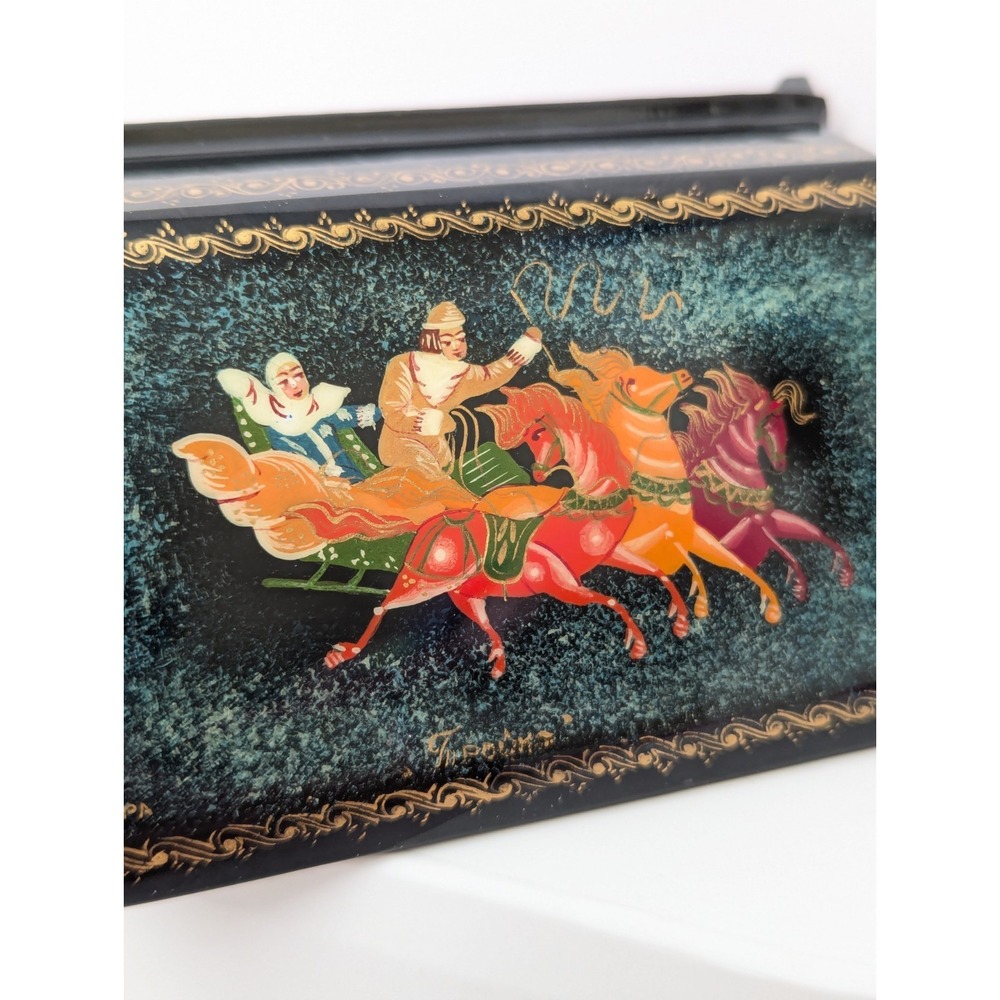 Vtg Handpainted Russian Trinket Box Lacquer Mstera Signed Horses Troika Sleigh - Picture 6 of 16
